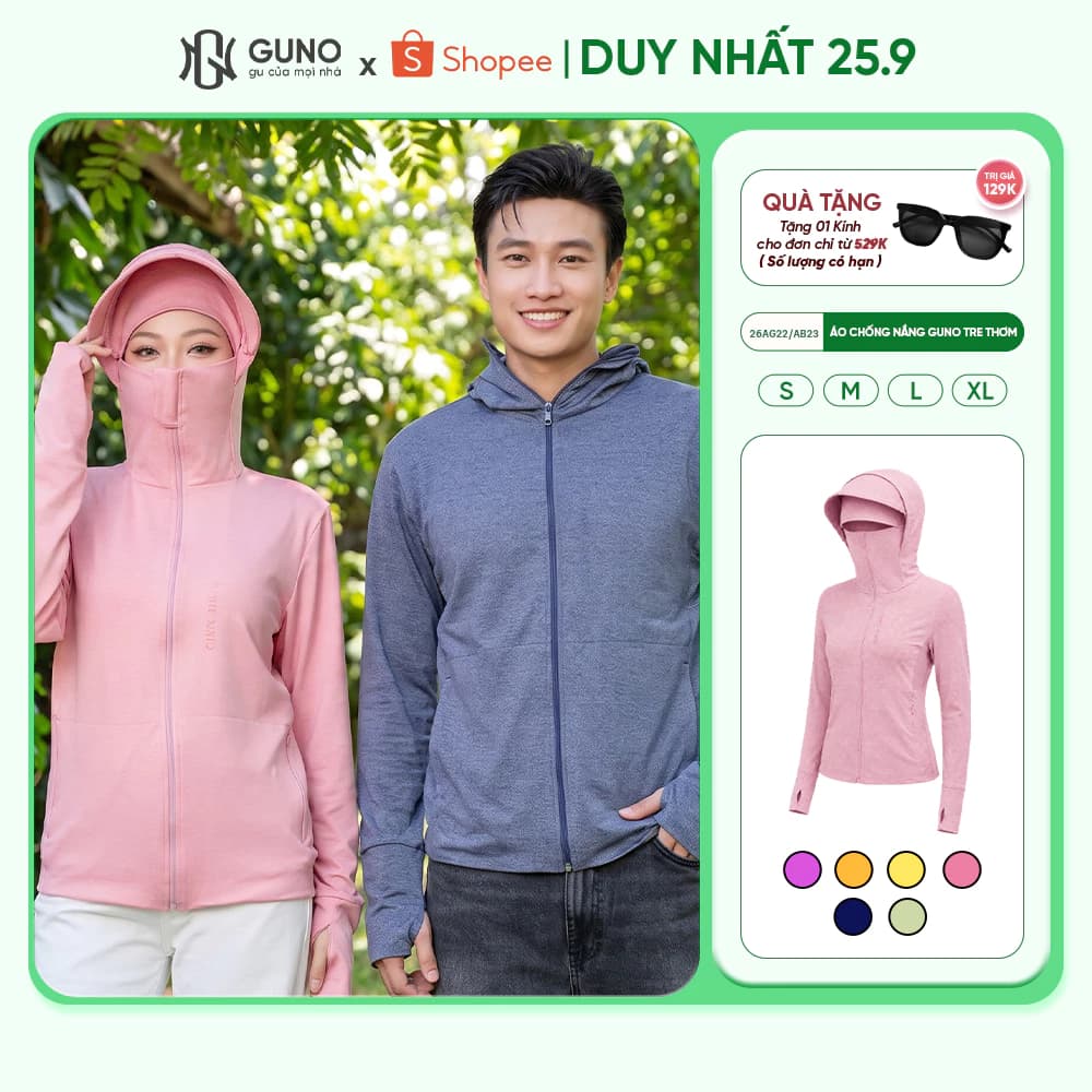 Áo Chống Nắng Nam Nữ GUNO Tre Thơm 2 Lớp Chống Tia UV Thoáng Khí Mũ Rộng Vành Che Trán 26AG22/AB23