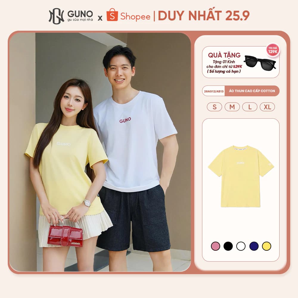 Áo Thun Nam Nữ GUNO Cao Cấp Cotton Co Giãn Mềm Mát Thoáng Khí Cổ Tròn Basic Logo Dập Nổi 26AG12/AB13