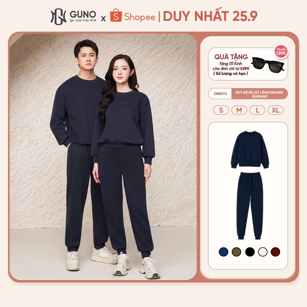 Bộ Quần Áo Thu Đông Nỉ Lót Nhung Nam Nữ GUNO Cao Cấp Siêu Ấm Thêu Logo Kèm Quần Bo Gấu 26BG72/BB73