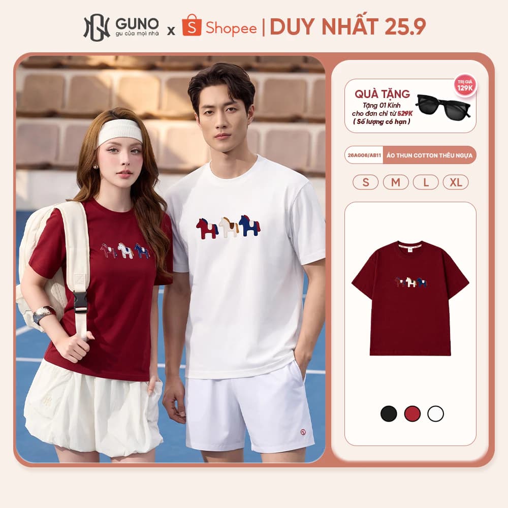 Áo Thun Nam Nữ Thêu Ngựa GUNO Cao Cấp Trơn Màu Cotton Co Dãn 4 Chiều Thoáng Mát SP5 26AG06/AB11
