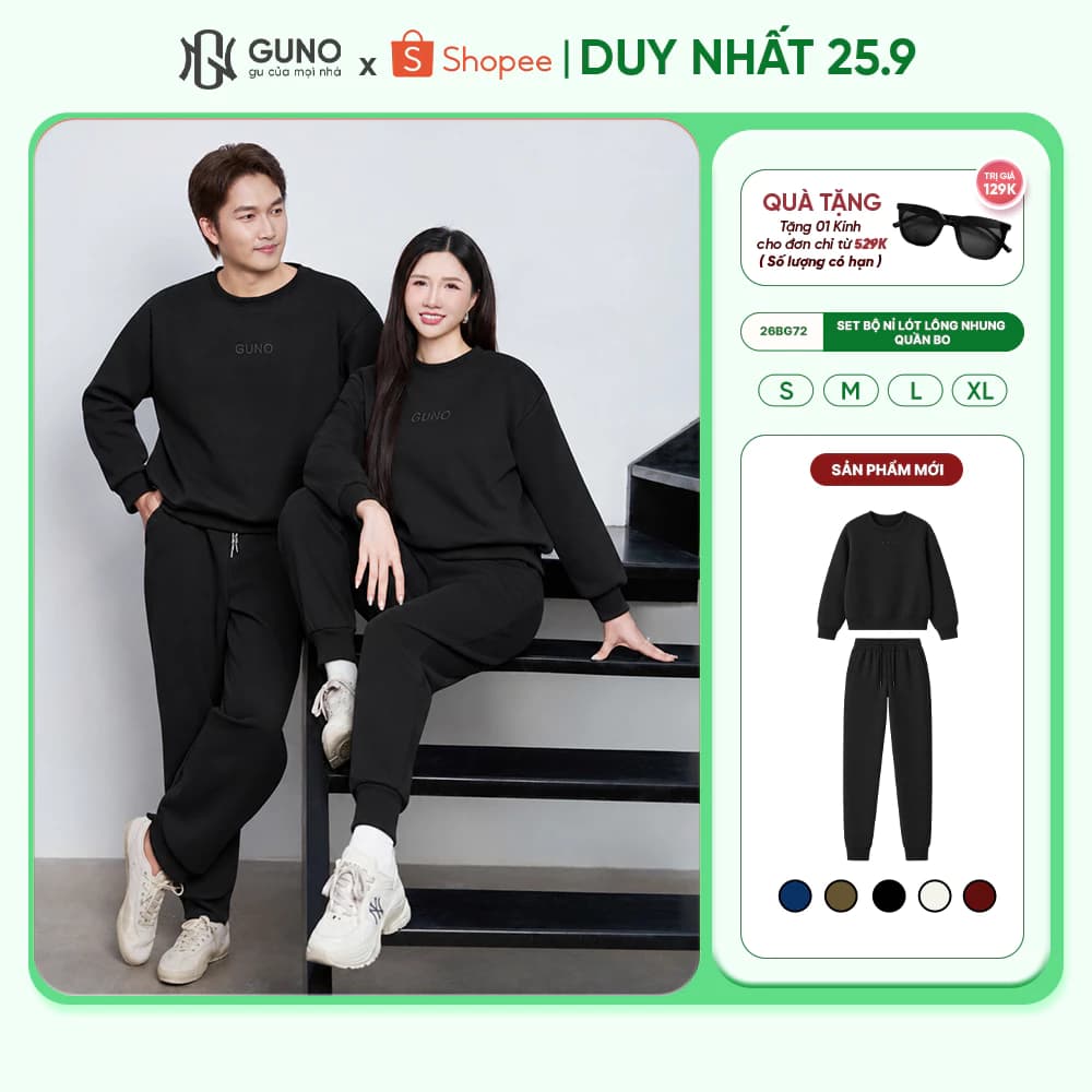 Bộ quần áo thu đông nỉ lót nhung nam nữ GUNO cổ tròn thêu logo kèm quần bo gấu 26BG72/BB73