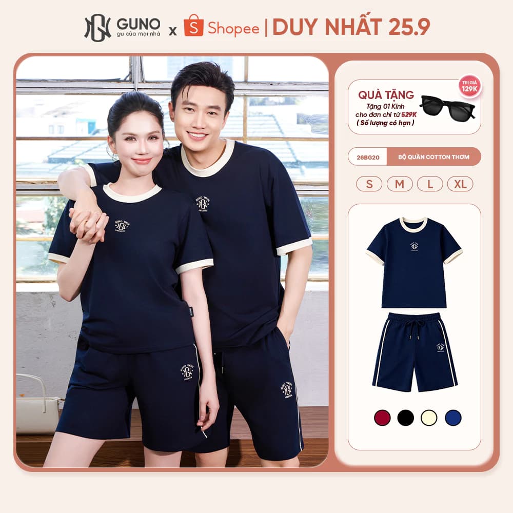 [BST THƠM MÁT] Bộ Quần Áo Nam Nữ GUNO Vải Cotton Thơm Mát Dáng Đùi Ngố Cổ Tròn Phối Màu 26BG20/BB30