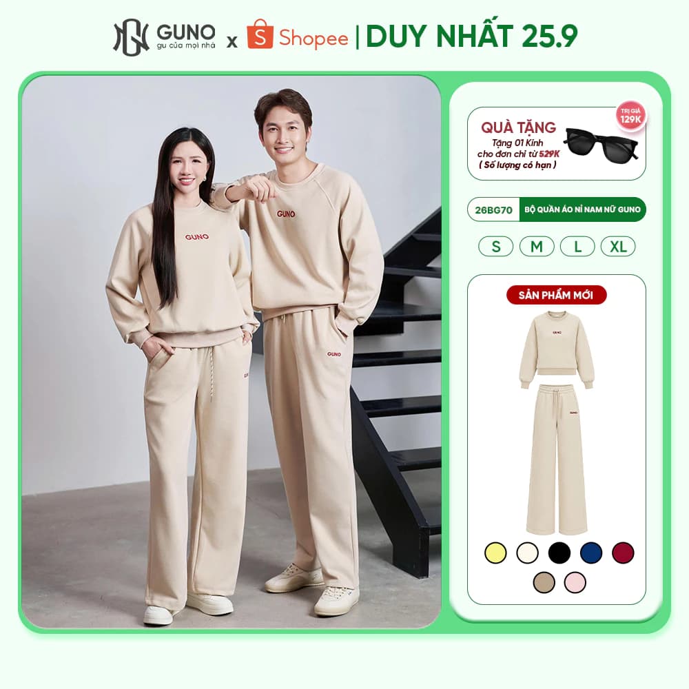 Set đồ bộ GUNO Bộ quần áo nỉ thu đông nam nữ quần suông logo thêu basic dễ phối 26BG70/BB71