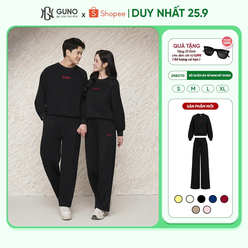 Bộ quần áo nỉ thu đông nam nữ GUNO cổ tròn logo thêu kèm quần suông dễ phối 26BG70/BB71
