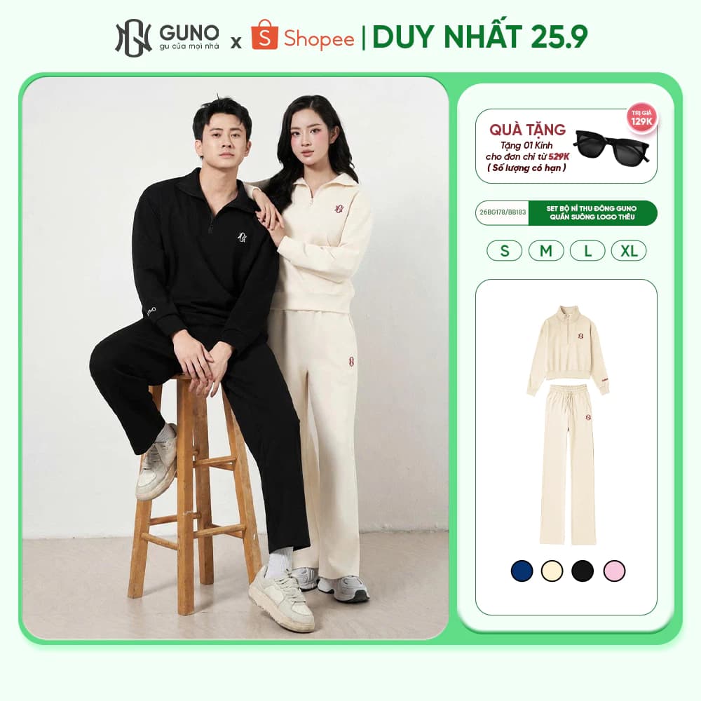 Bộ quần áo nỉ nam nữ GUNO cao cấp vải nỉ modal kéo khoá cổ kèm quần suông logo thêu 26BG178/BB183