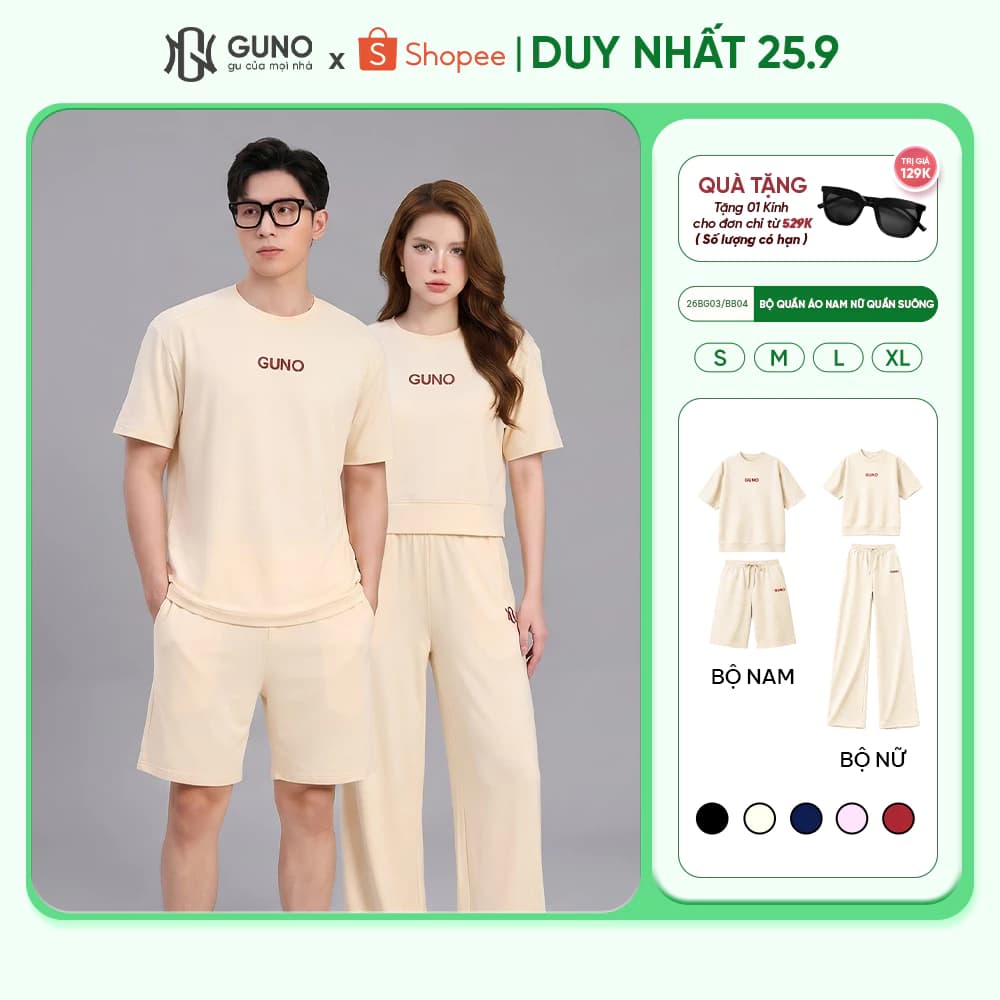 [BST Modal Cool 2026] Bộ Quần Áo Nam Nữ GUNO Cao Cấp Cổ Tròn Kèm Quần Suông Logo Thêu 26BG03/26BB04