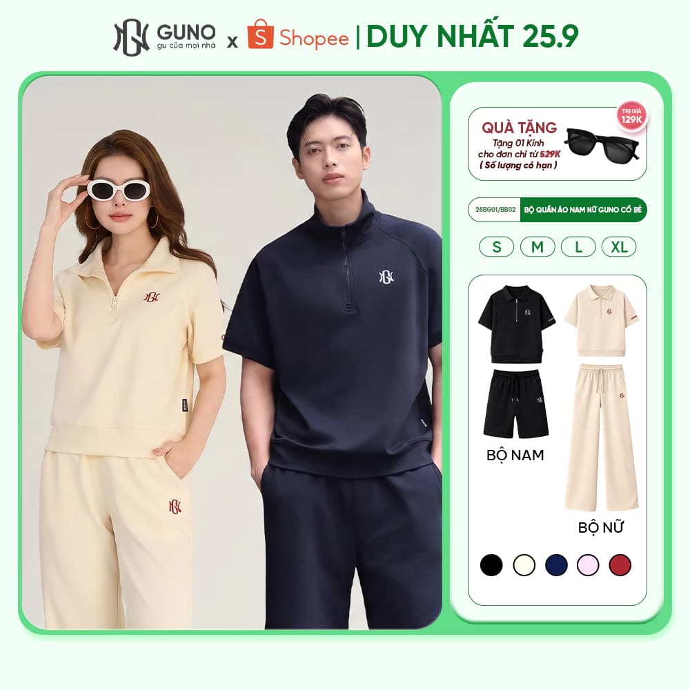 [BST Modal Cool 2026] Bộ Quần Áo Nam Nữ GUNO Cao Cấp Cổ Bẻ Kèm Quần Suông Logo Thêu 26BG01/26BB02