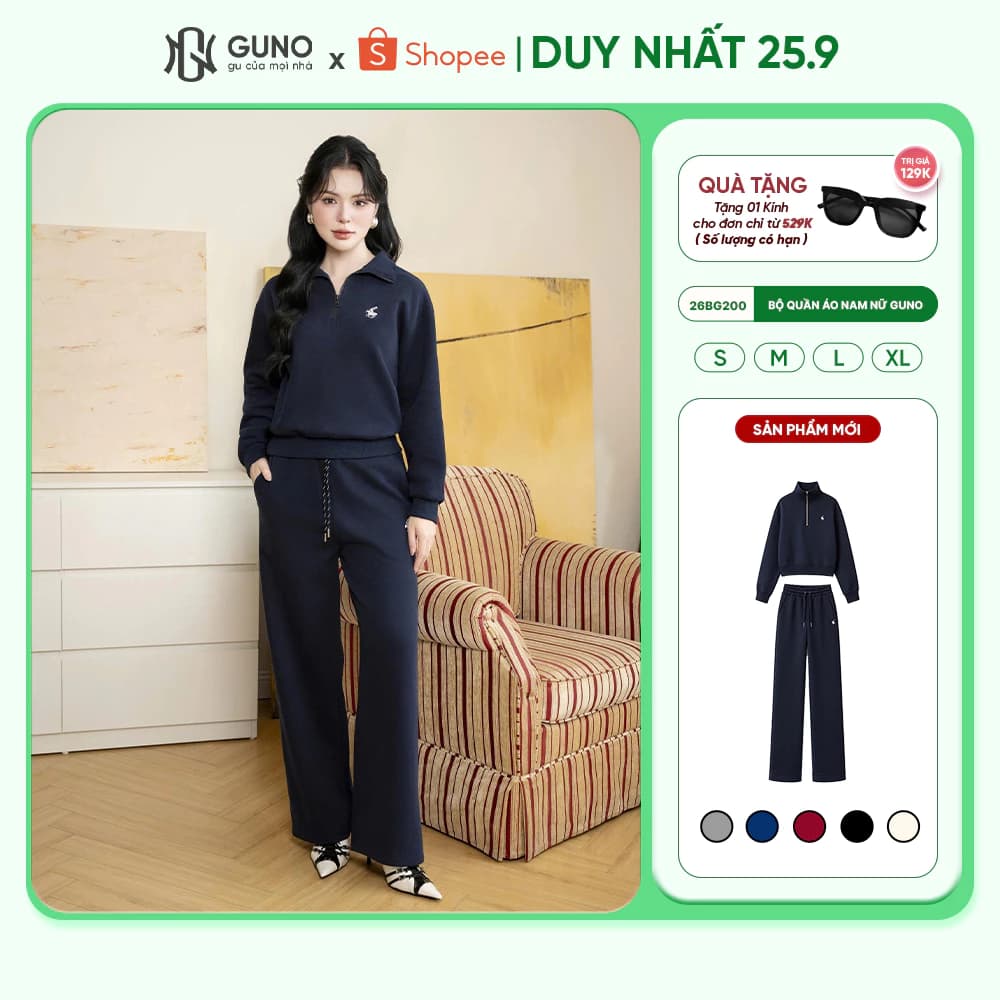 Set Bộ Nỉ Thu Đông GUNO Nữ Cổ Khóa Kéo Quần Suông Form Rộng Nỉ Hai Da Cao Cấp 26BG200