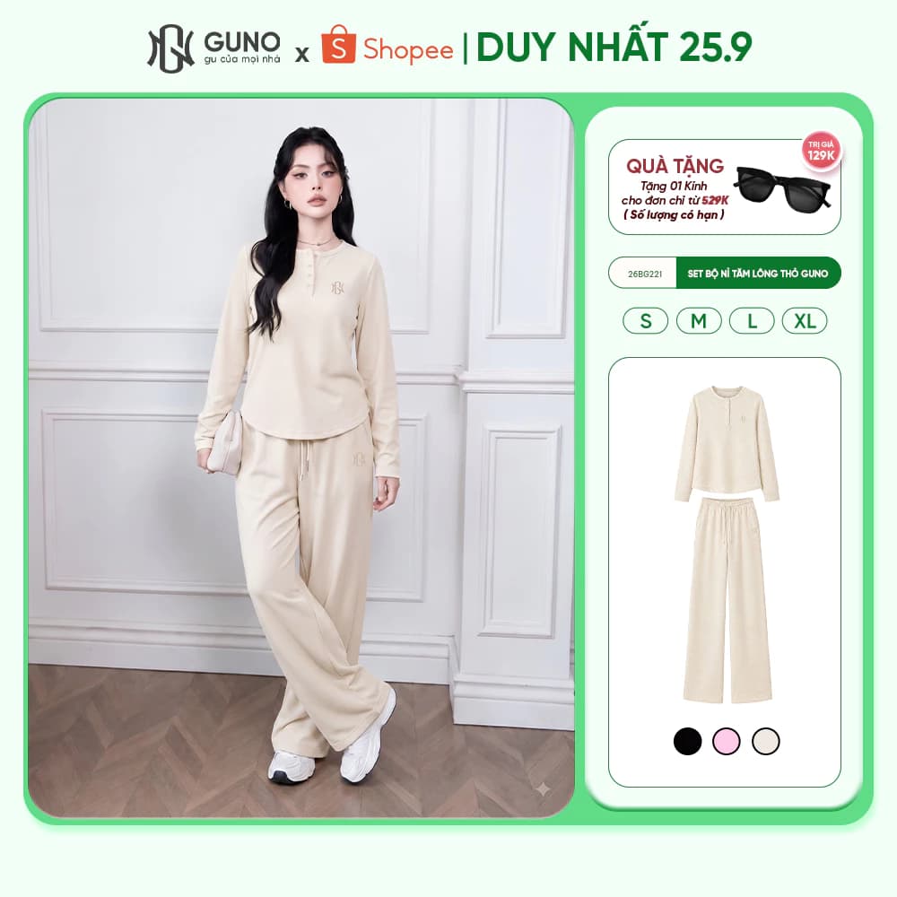 Set bộ nỉ tăm lông thỏ GUNO cao cấp cổ tròn phối cúc thời trang logo thêu thanh lịch 26BG221