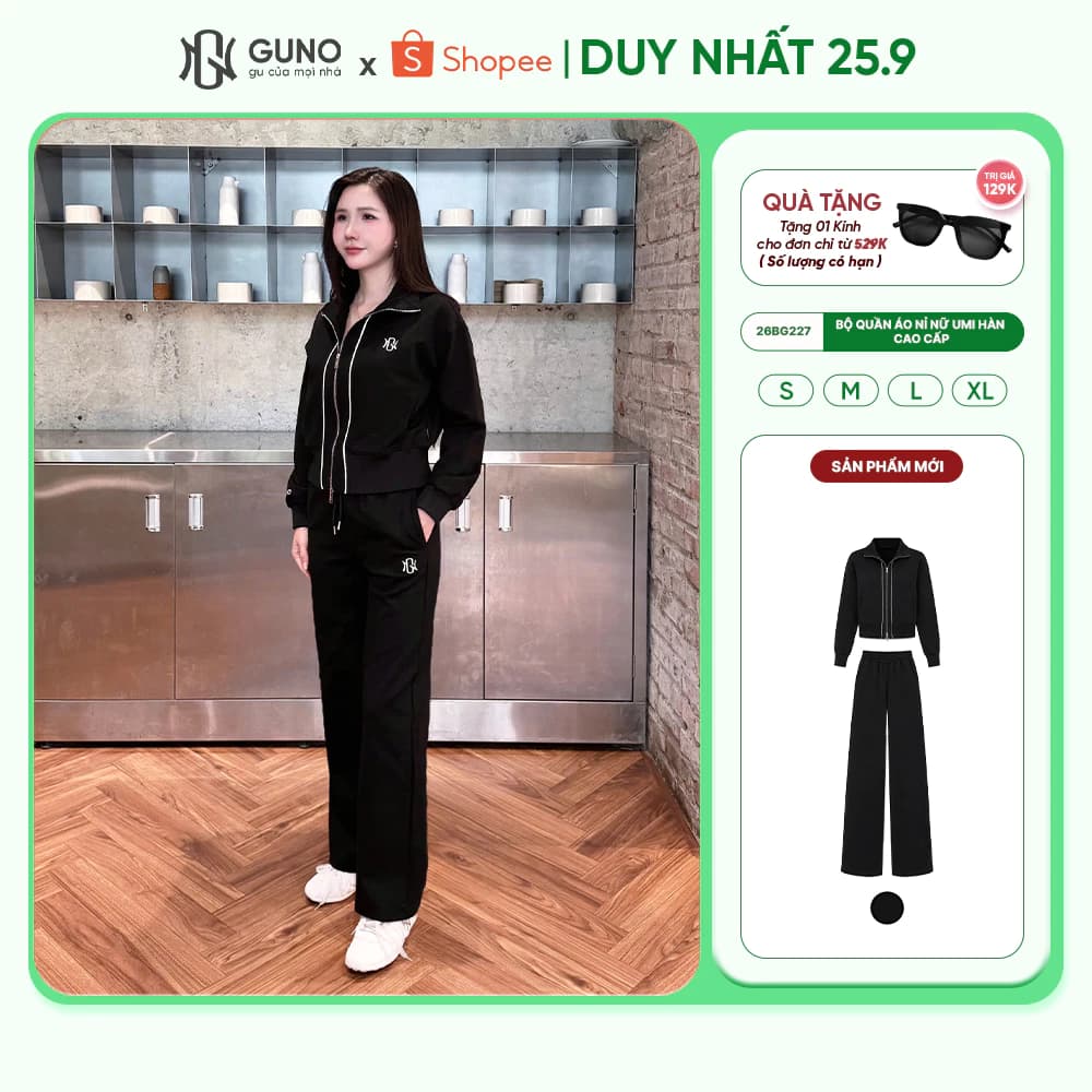 Bộ Quần Áo Nỉ Thu Đông Nữ GUNO Áo Khoá Kéo Kèm Quần Suông Umi Hàn Cao Cấp Logo Thêu 26BG227