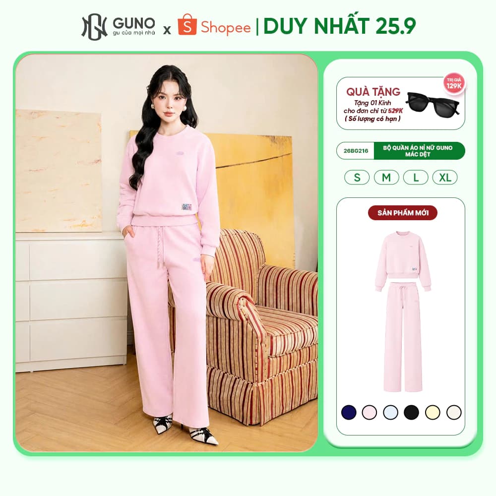 Set Bộ Thu Đông Cao Cấp GUNO Mác Dệt Cổ Tròn Phối Quần Suông Hack Dáng 26BG216