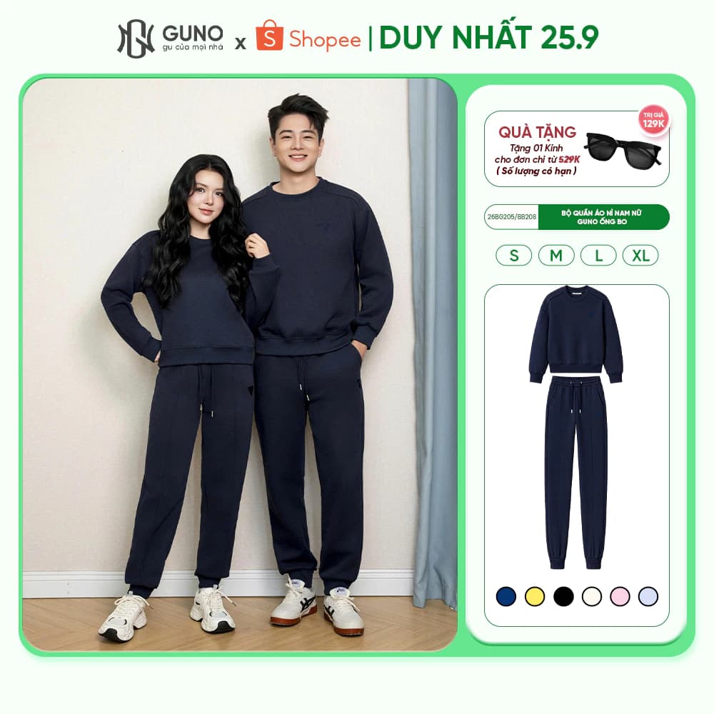 Bộ Quần Áo Nỉ Nữ GUNO Quần Ống Bo Logo Tam Giác Form Trẻ Trung Thời Trang 26BG205/BB208