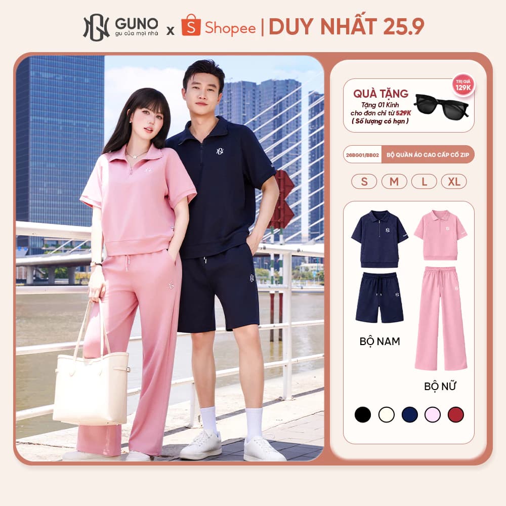 [BST Modal Cool 2026] Bộ Quần Áo Nam Nữ GUNO Cao Cấp Cổ Bẻ Kèm Quần Suông Logo Thêu 26BG01/26BB02