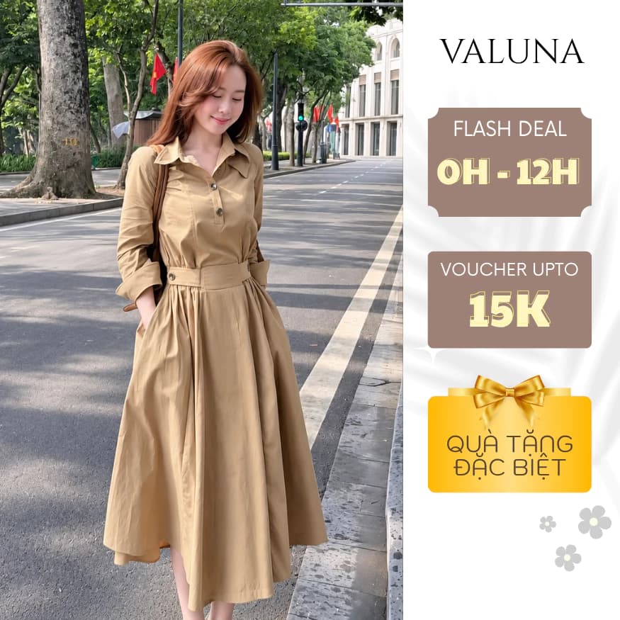 Váy Dài Cổ Sơ Mi Nữ Dáng Xòe Chiết Eo Thanh Lịch Tay Dài Phong Cách Hàn Quốc VALUNA STORE 2791