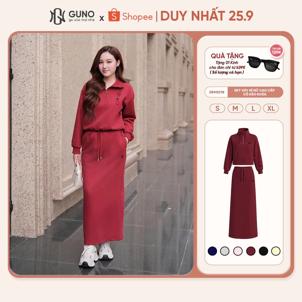 Set Váy Nỉ Nữ Thu Đông GUNO Dáng Dài Cao Cấp Cổ Kéo Khóa Logo Thêu Phối Chân Váy Suông Chữ A 26VG219
