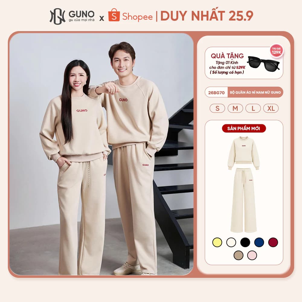 Bộ Quần Áo Nỉ Nam Nữ GUNO Cổ Tròn Logo Thêu Kèm Quần Suông Bộ Thu Đông Cao Cấp 26BG70/26BB71