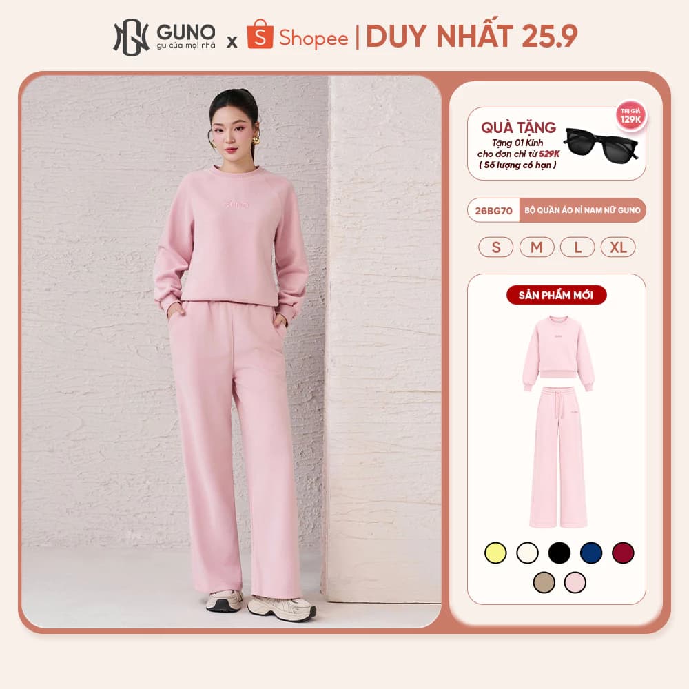 Bộ Quần Áo Nỉ Nam Nữ GUNO Cổ Tròn Logo Thêu Kèm Quần Suông Set Bộ Thu Đông Cao Cấp SP5 26BG70/26BB71