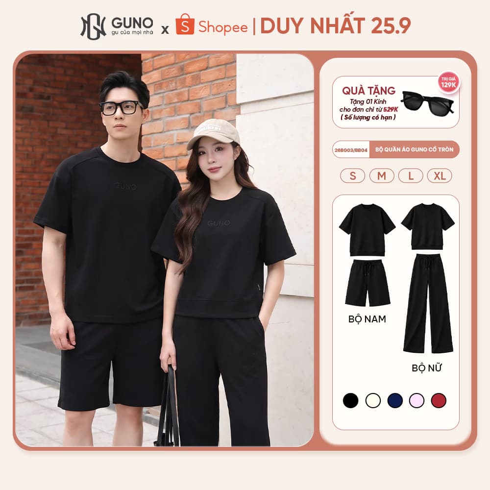 [BST Modal Cool 2026] Bộ Quần Áo Nam Nữ GUNO Cao Cấp Cổ Tròn Kèm Quần Suông Logo Thêu 26BG03/26BB04