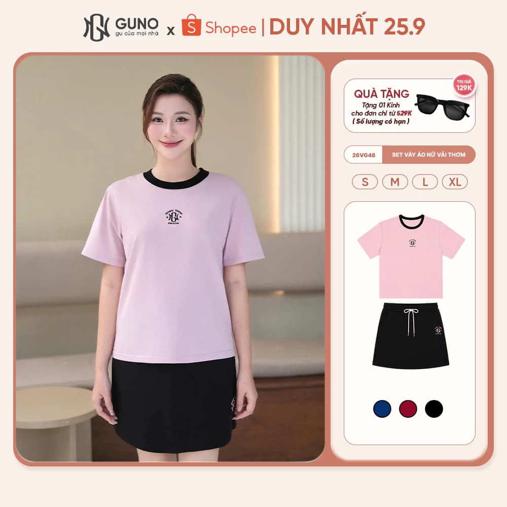 [BST THƠM MÁT] Set Váy Áo Nữ GUNO Vải Thơm Cao Cấp Cổ Tròn Phối Màu Logo Thêu Có Quần Bảo Hộ 26VG48