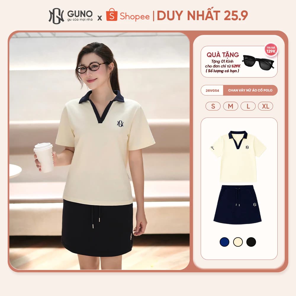 [COTTON INTER] Set Váy Áo Nữ GUNO Cao Cấp Thoáng Khí Cổ Polo Phối Màu Logo Thêu Thời Trang 26VG54