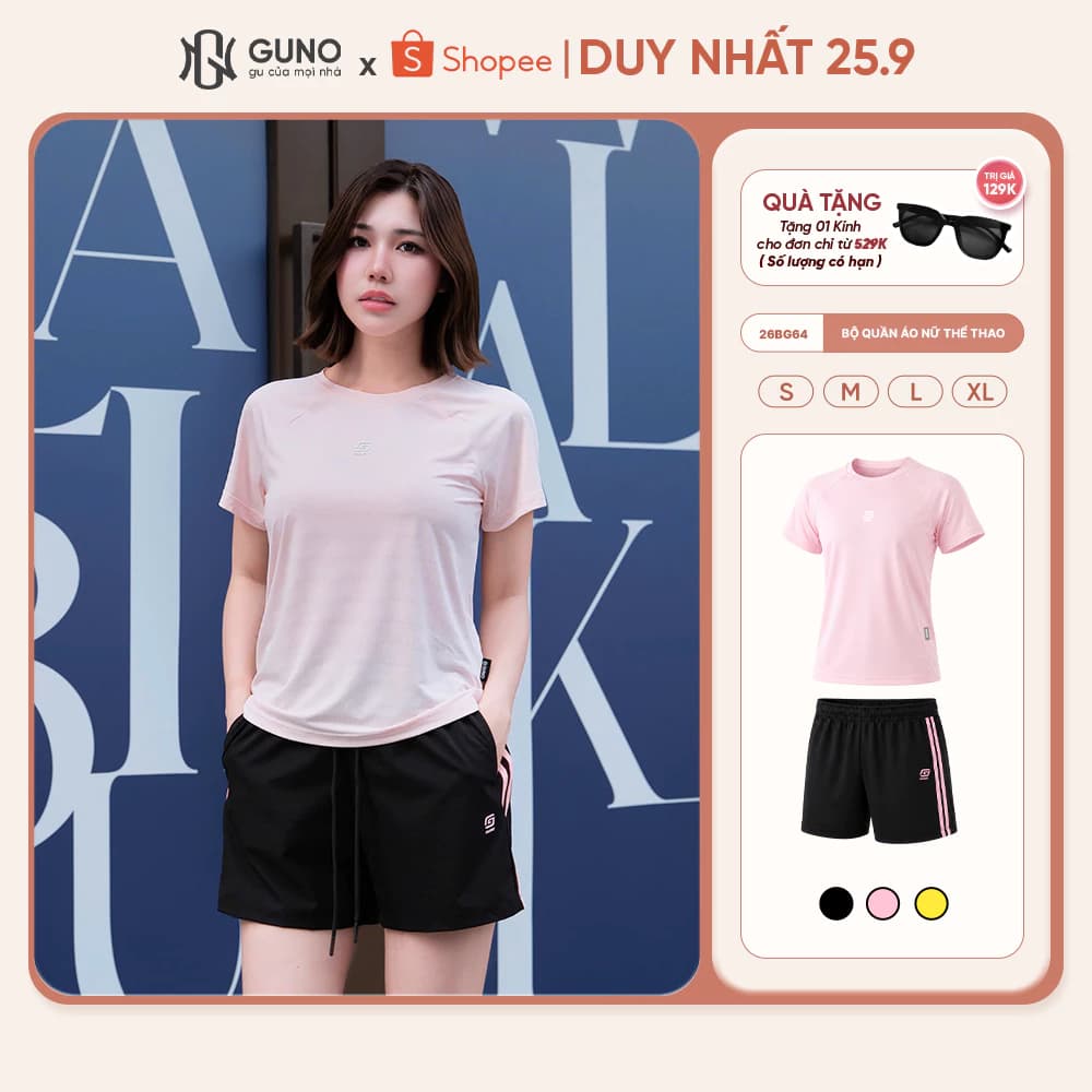 Bộ Quần Áo Đùi Nữ GUNO Thể Thao Quần Vải Gió Phối Áo Thun Thông Hơi Tay Raglan Form Đẹp 26BG64