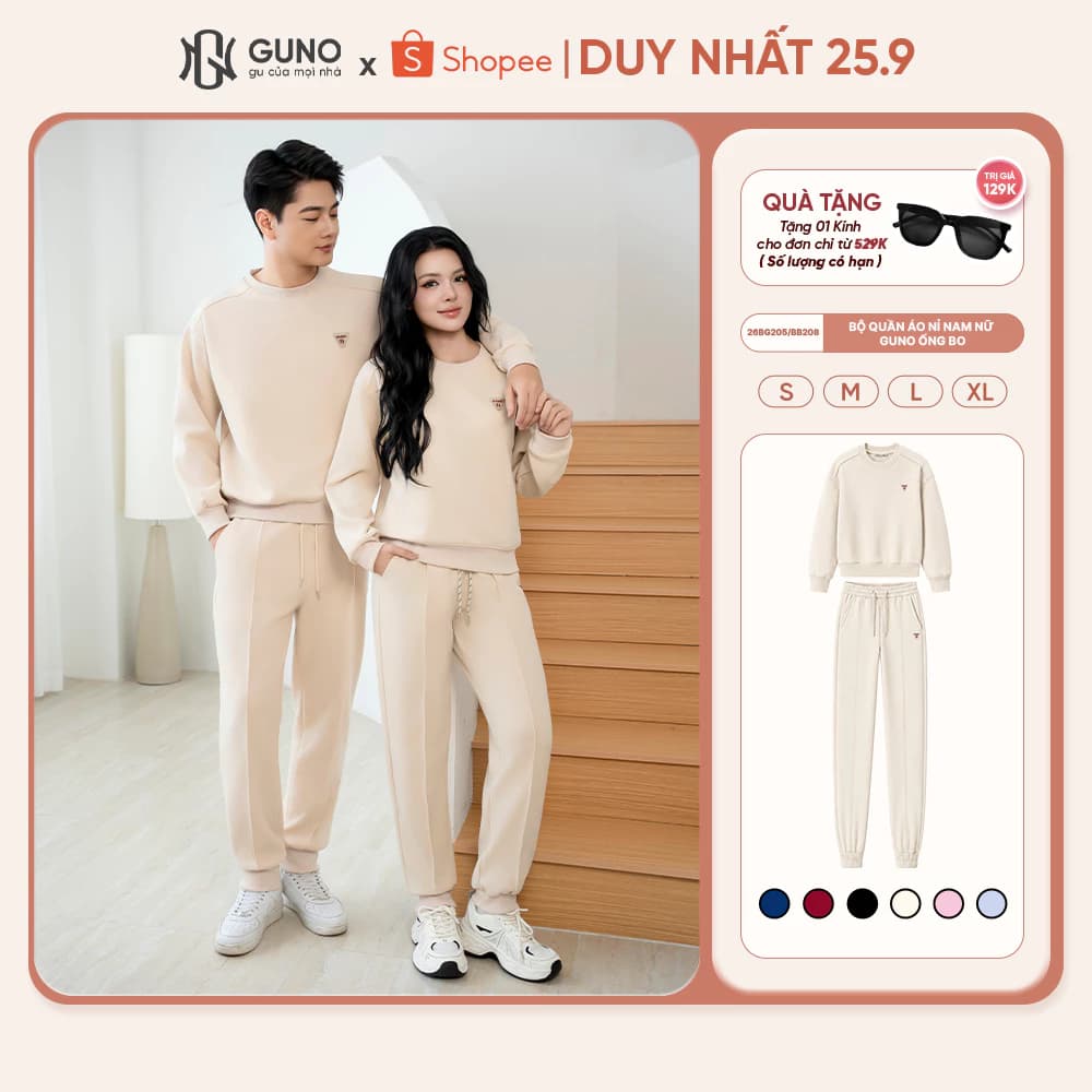 Bộ Quần Áo Nỉ Nam Nữ GUNO Cổ Tròn Quần Bo Gấu Thêu Logo Set Bộ Thu Đông Thời Trang SP5 26BG205/BB208