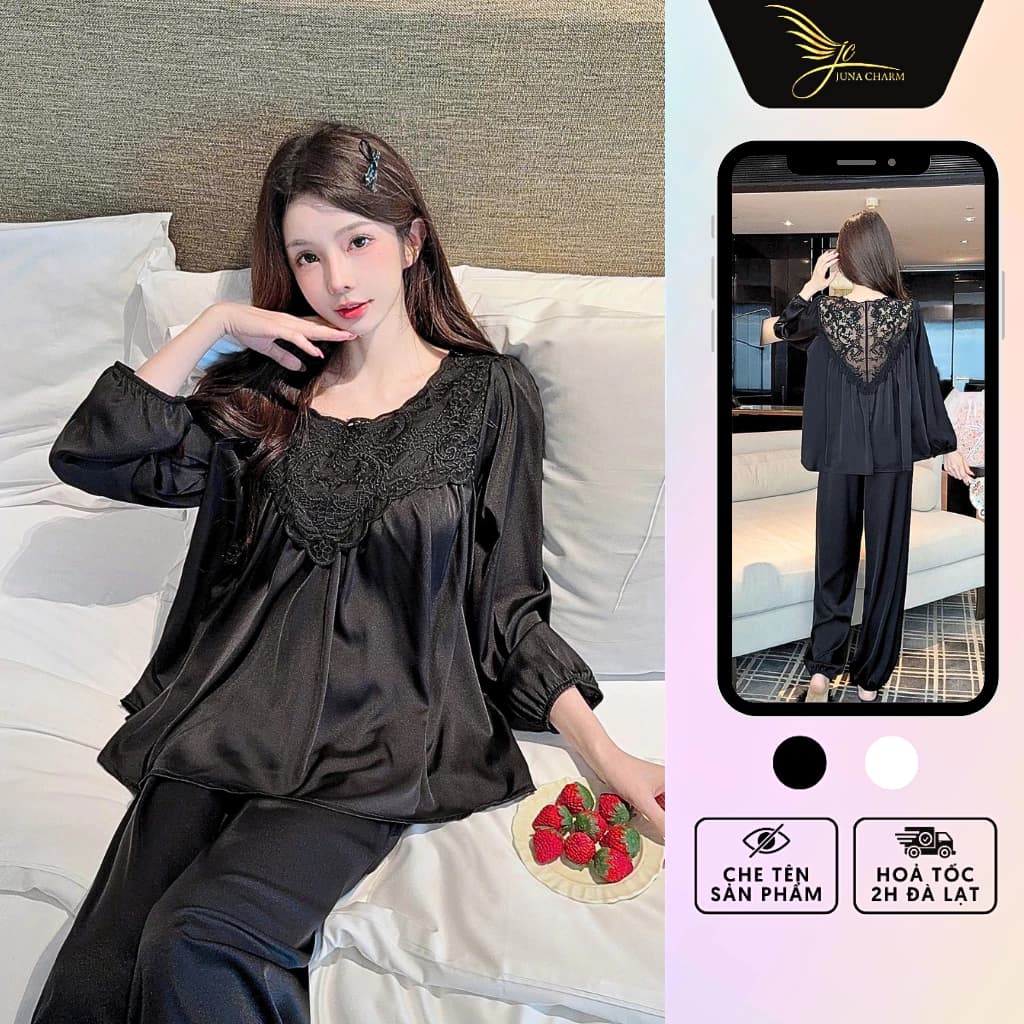 Bộ Pijama Mặc Nhà, Đồ Bộ Dài Thiết Kế JUNA Freesize Thời Trang Đồ Ngủ Dành Cho Nữ, Chất Vải Lụa Phối Ren, Màu Đen/SP6717