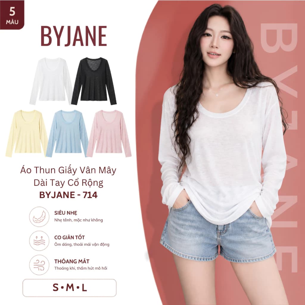 [ MỞ BÁN ] Áo Thun Nữ Dài Tay Form Rộng Chất Thun Giấy Cổ Rộng Siêu Nhẹ Mềm Mịn Co Giãn Tốt BYJANE-714
