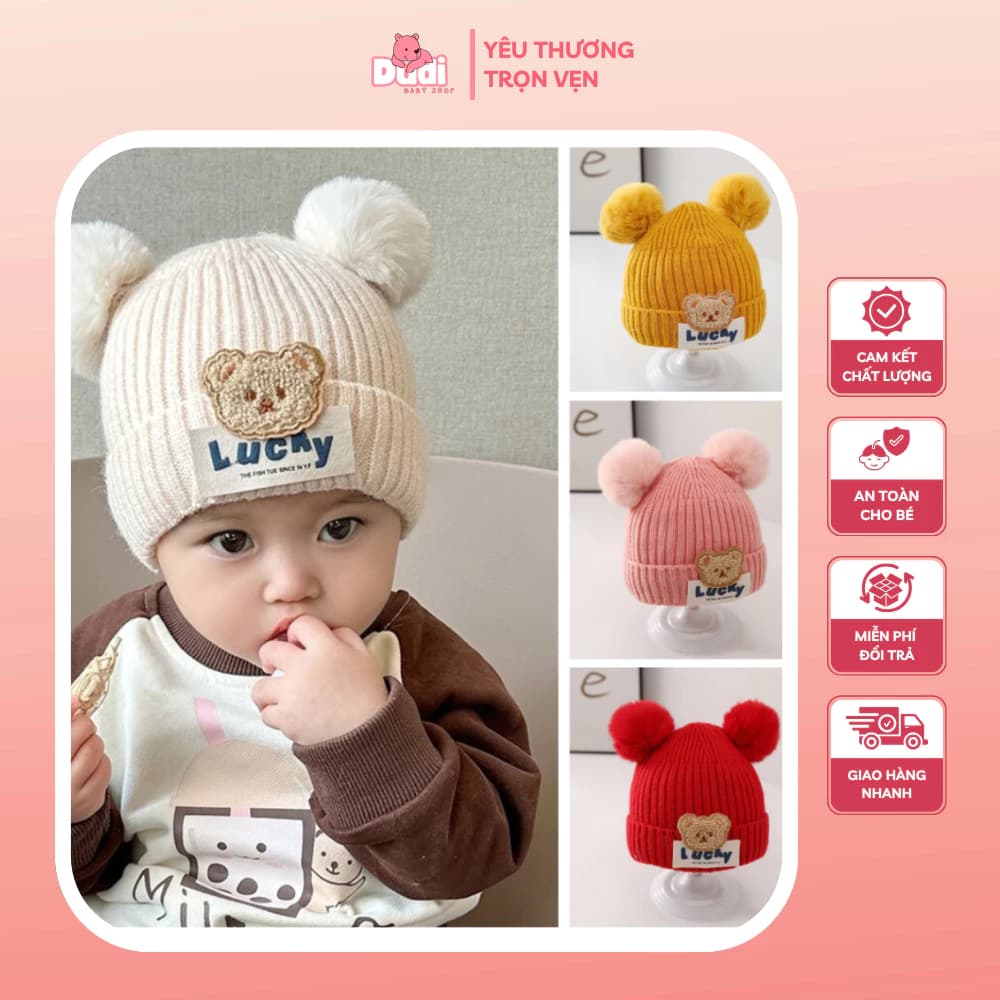 [0-24 THÁNG TUỔI] Mũ Len Cho Bé Dệt Kim Có Lót Nỉ Ấm Áp Thời Trang Đính Kèm 2 Quả Bông - M20
