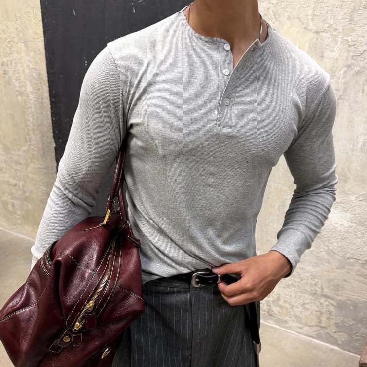 Áo Thun Nam B Brown Dài Tay Form Slim Fit Có Cúc Ngực - B Brown Henley Slim Fit Shirts