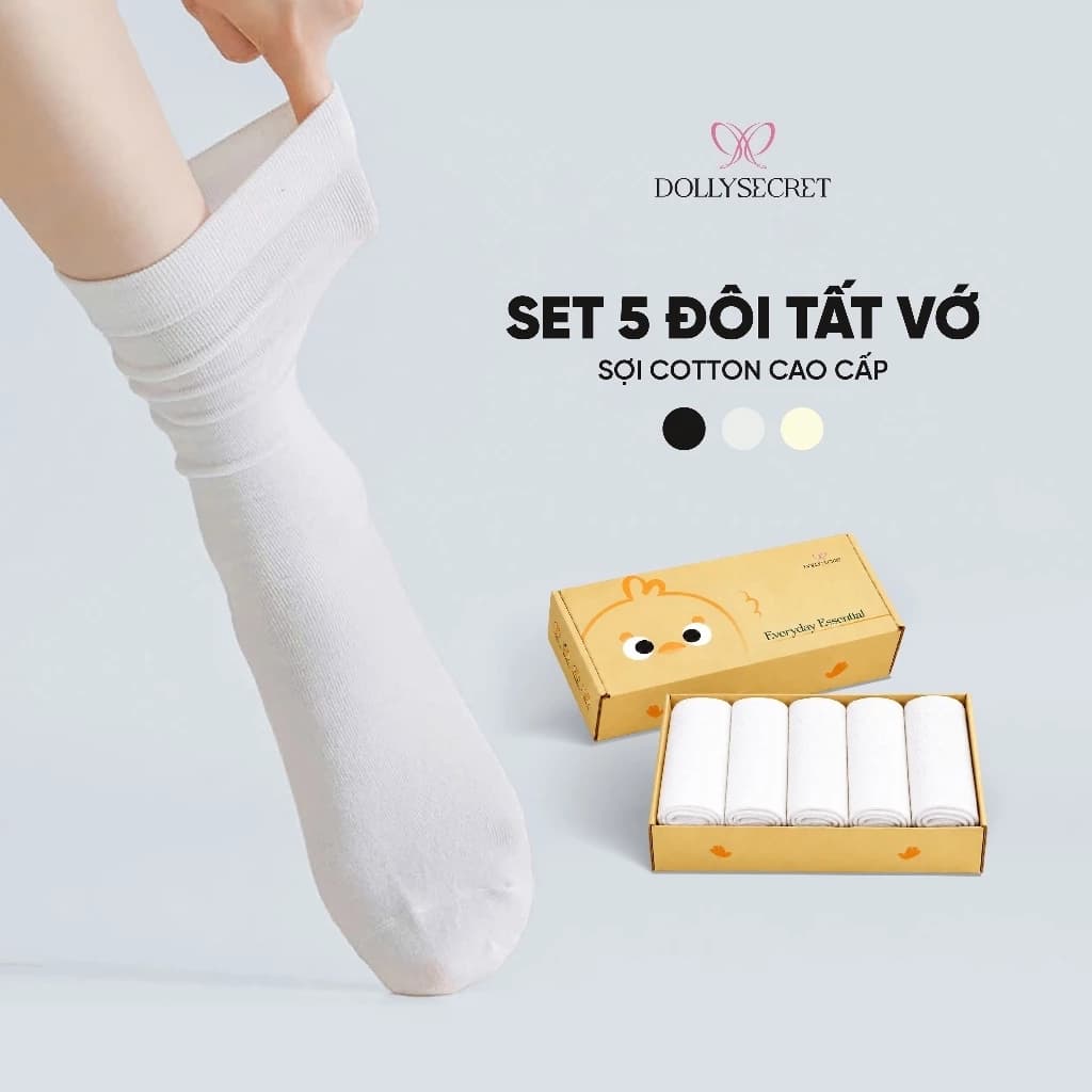 Set 5 Tất Vớ Cao Cổ Nữ Trơn  DOLLY SECRET  Sợi Cotton Cao Cấp Siêu Mềm Mịn Thoáng Khí T01
