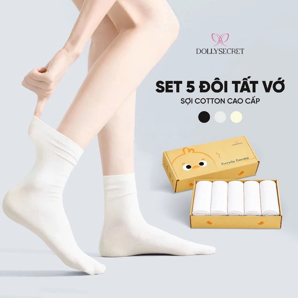 Set 5 Tất Vớ Cao Cổ Nữ Trơn  DOLLY SECRET  Chất Liệu Cotton Siêu Mềm Mịn Thoáng Khí T01