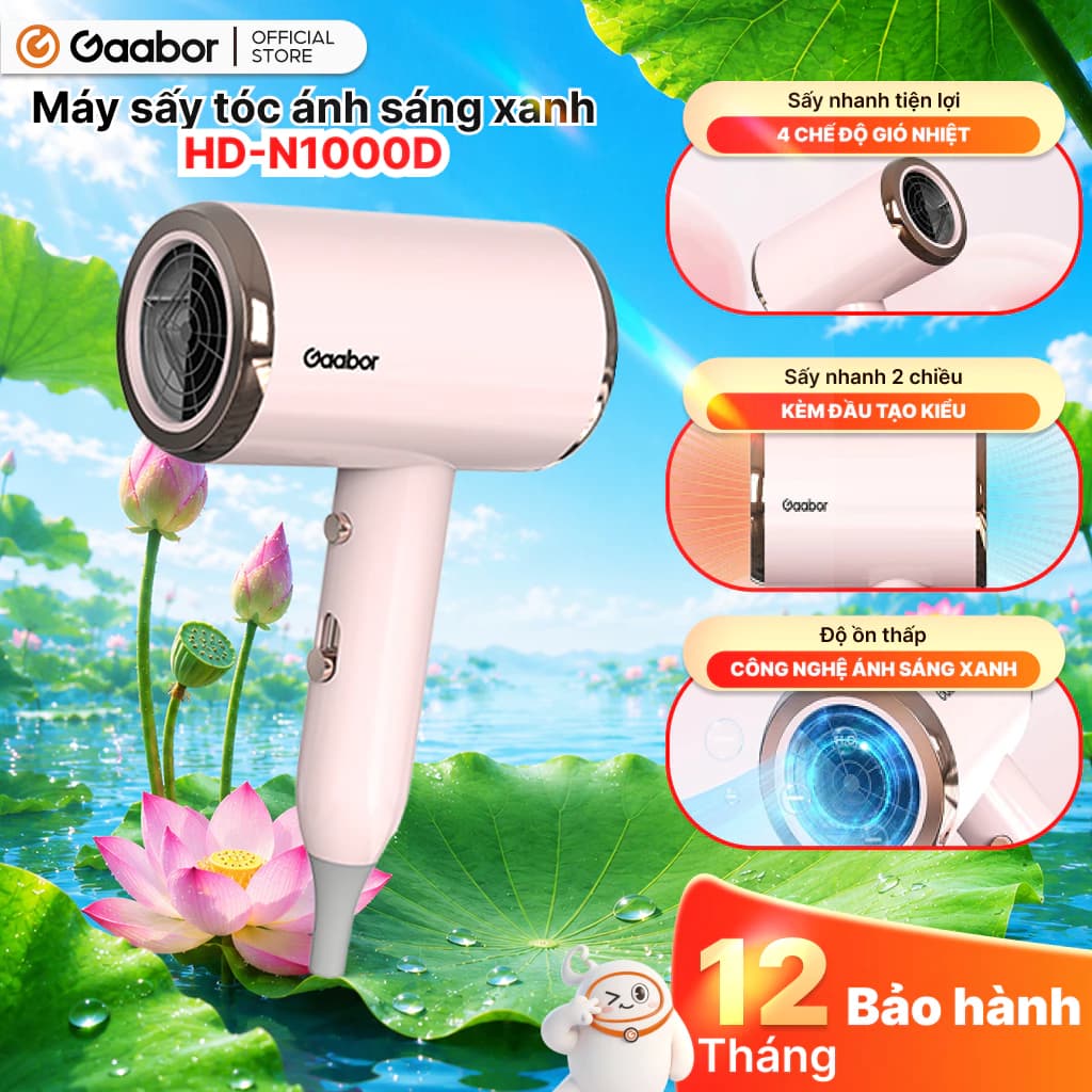 Gaabor Máy sấy tóc HD-N1000D sấy nhanh 2 chiều nóng lạnh công suất 1000W độ ồn thấp bảo hành đổi mới 12 tháng
