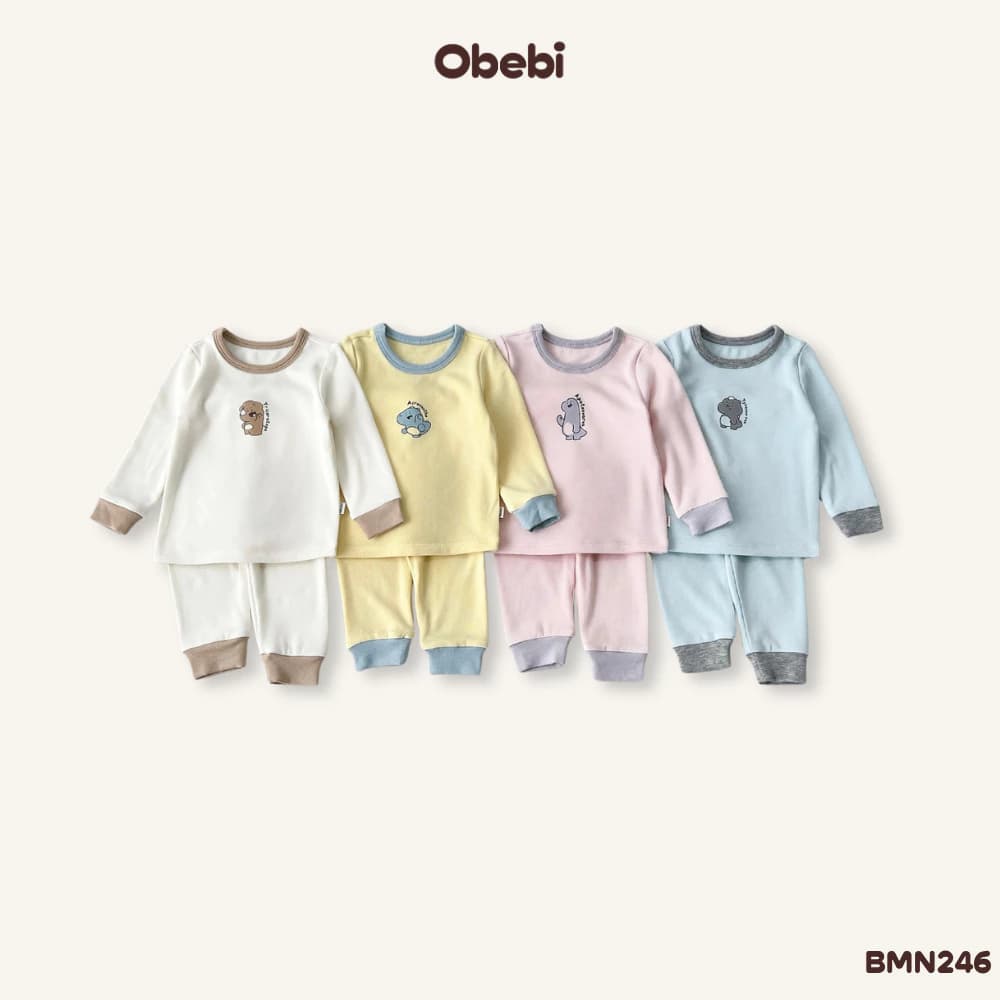 Bộ Mặc Nhà Thu Đông Vải Mềm Mịn Hình In Khủng Long Đáng Yêu Cho Bé Trai Bé Gái Từ 6 - 23kg Obebi BMN246