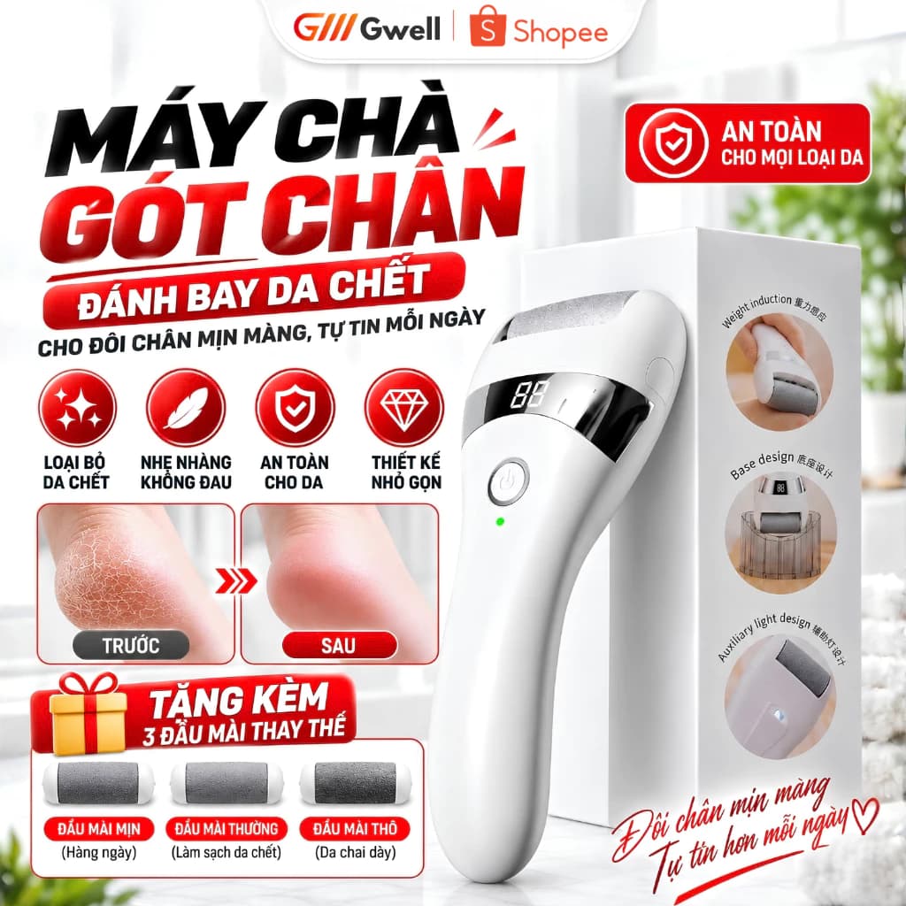 Máy Chà Gót Chân Tự Động, 4 Chế Độ Tẩy Tế Bào Da Chết, Công Suất 15000 Vòng/Phút Tặng 3 Đầu Mài