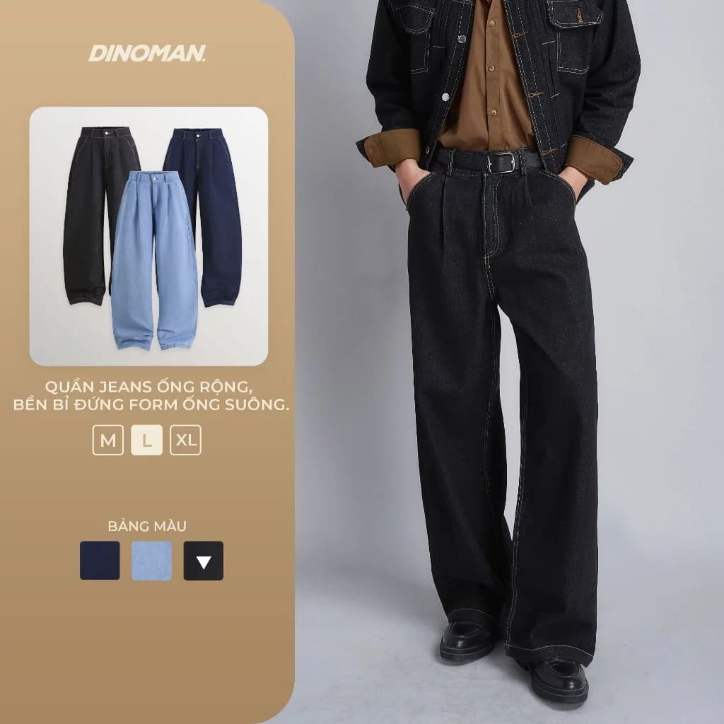 Quần Jeans Ống Rộng DINOMAN Bền Bỉ Đứng Form Ống Suông Hack Dáng Xếp Ly Chun Lưng Sau Co Giãn QDS011