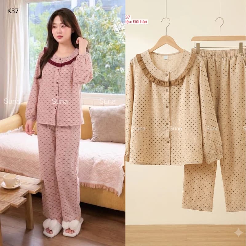 K37- Bộ Pijama Nữ Dáng Dài  Cổ Bèo Tay Dài Quần Dài,Chất Đũi Vân Mây Mềm Mại Sales