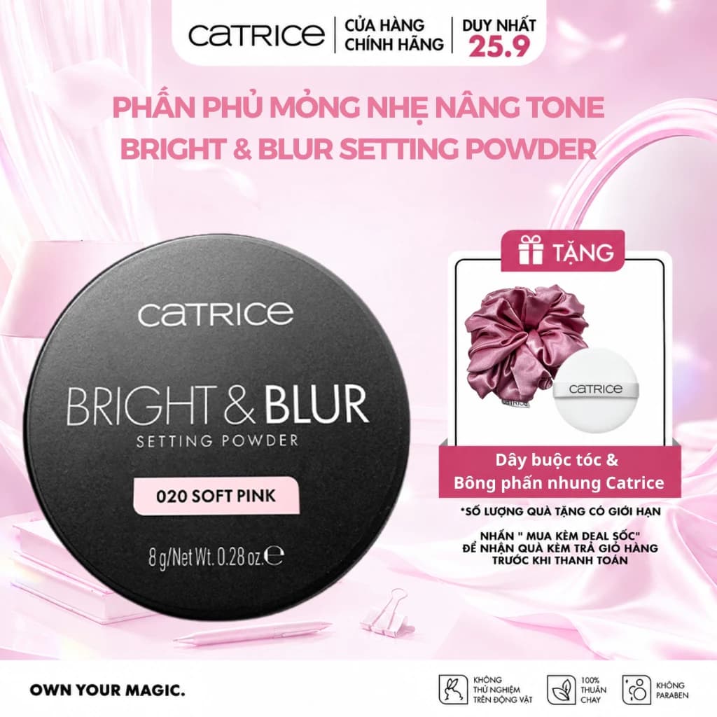 Phấn phủ mỏng nhẹ căng bóng nâng tone Catrice Bright & Blur Setting Powder 8g