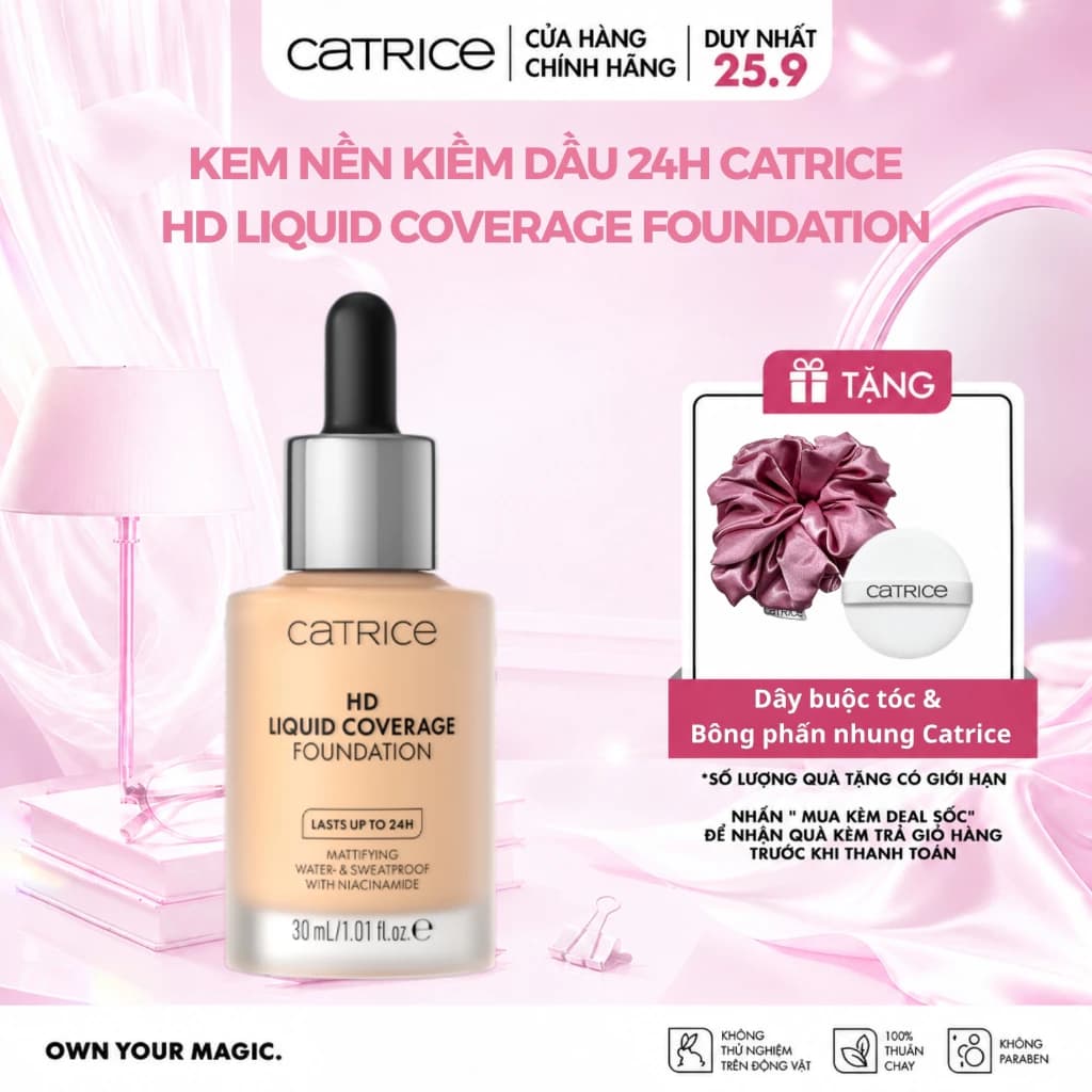 Kem nền Catrice HD Liquid Coverage Foundation kiềm dầu, che phủ tự nhiên tạo độ mịn màng cho da 30ml