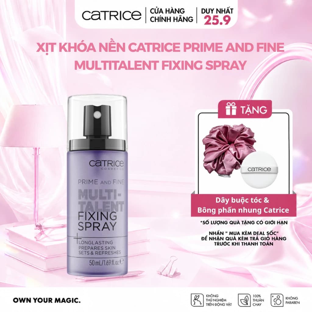 Xịt khóa nền Catrice Prime And Fine Multitalent Fixing Spray giúp da mướt và ăn phấn hơn 50ml