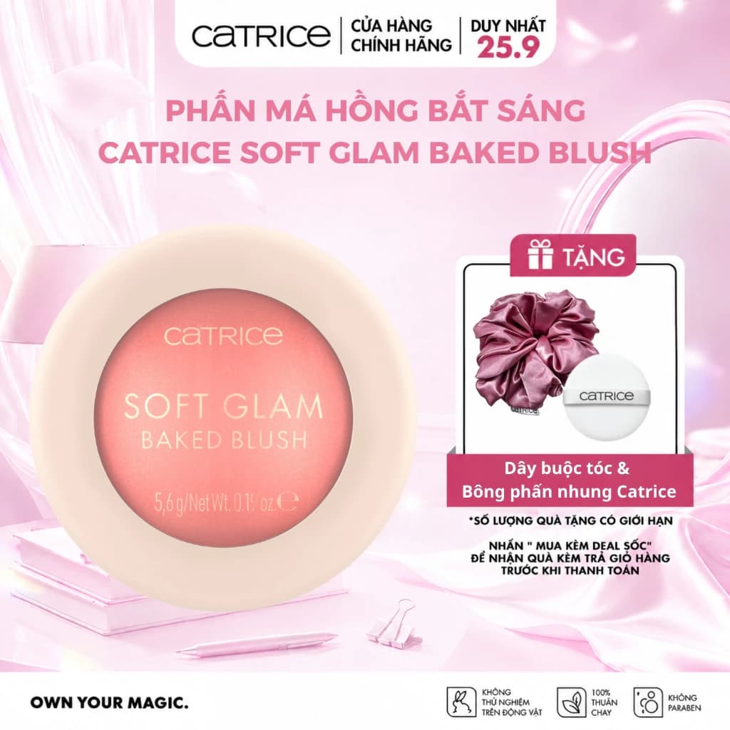 Phấn má hồng bắt sáng thuần chay Catrice Soft Glam Baked Blush 5,6g