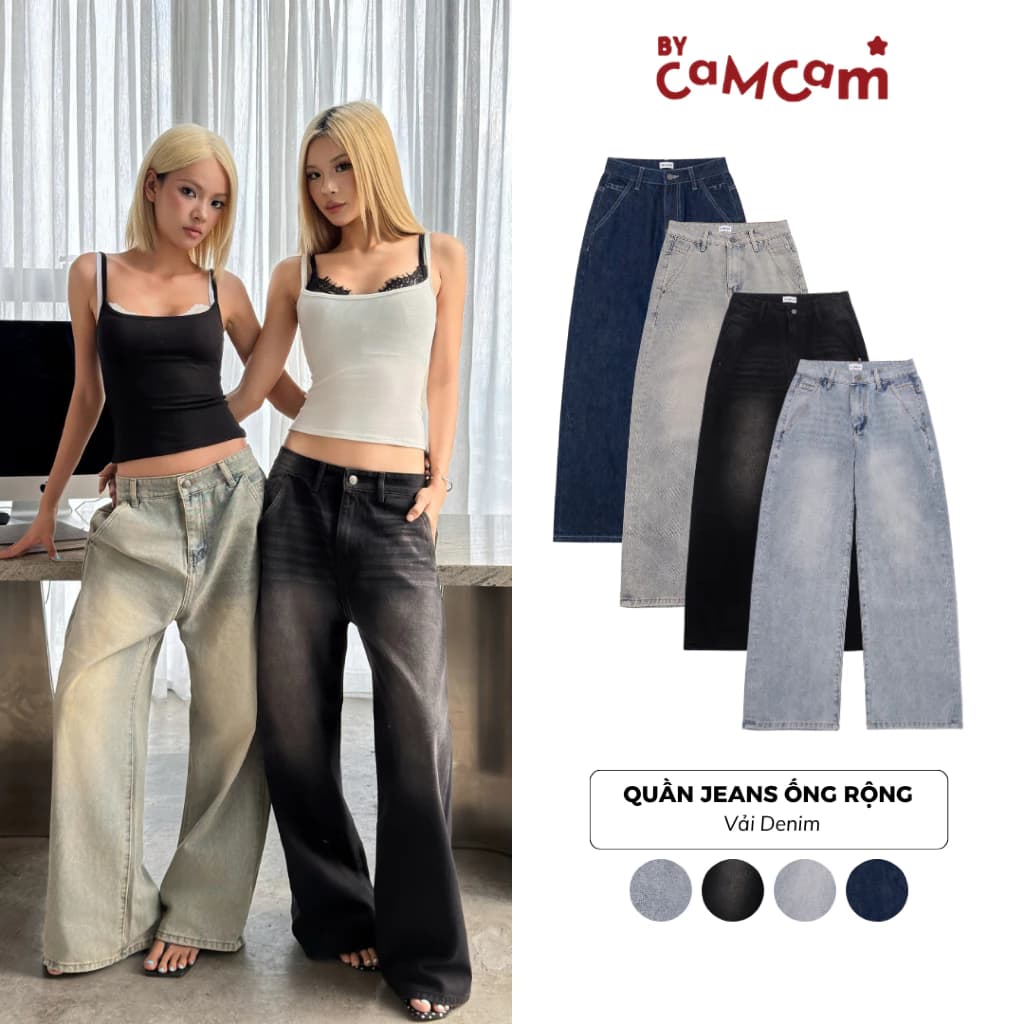 Quần Jean 𝑩𝒚𝒄𝒂𝒎𝒄𝒂𝒎 Ống Rộng Tôn Dáng Quần Bò Wash Màu Unisex Thời Trang Nam Nữ QTD001