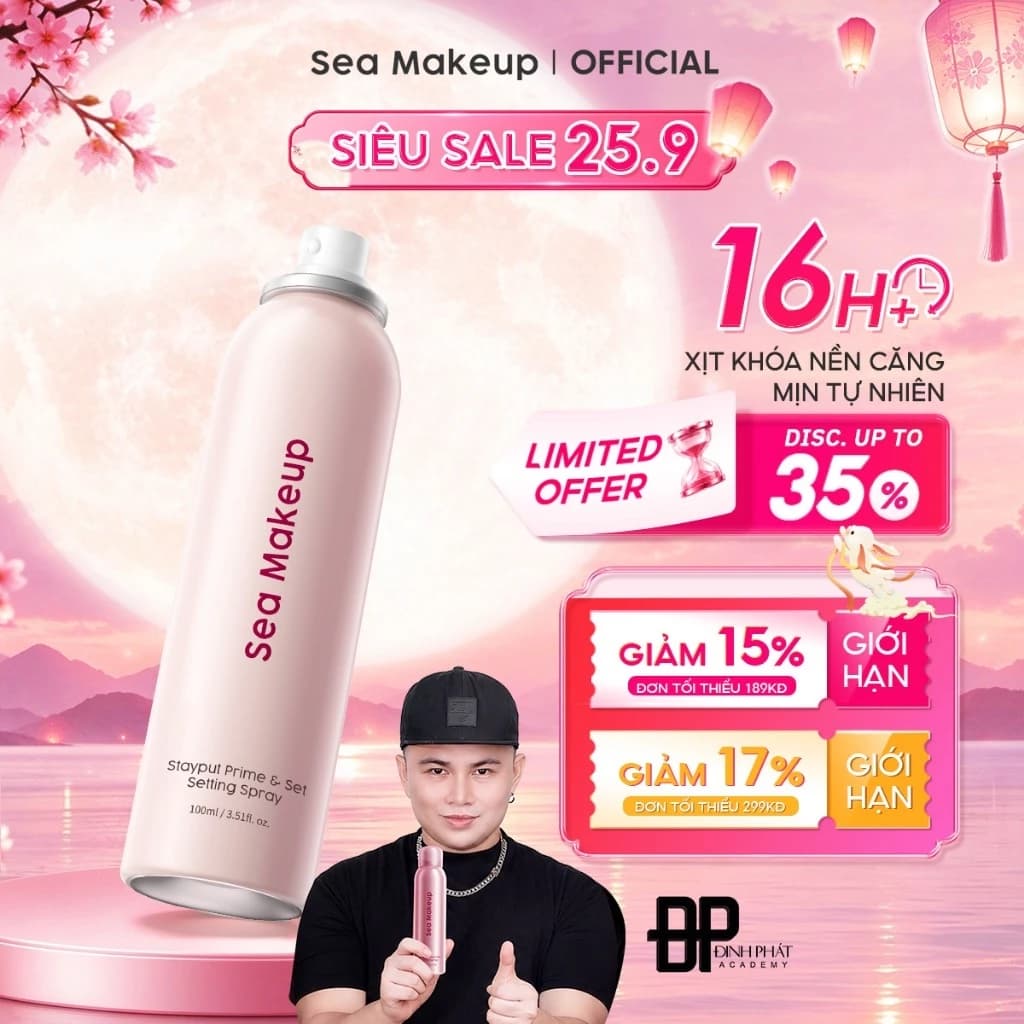 Xịt khoá nền Sea Makeup Stayput Prime & Set Setting Spray Hỗ trợ 16H+++ dưỡng ẩm lâu trôi và hiệu quả lì mịn 100ml