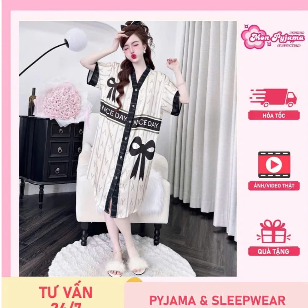 Đồ ngủ nữ,đầm váy ngủ nữ lụa  freesize<75kg mềm mịn mát thiết kế cổ V chữ Y  họa tiết dễ thương [55]