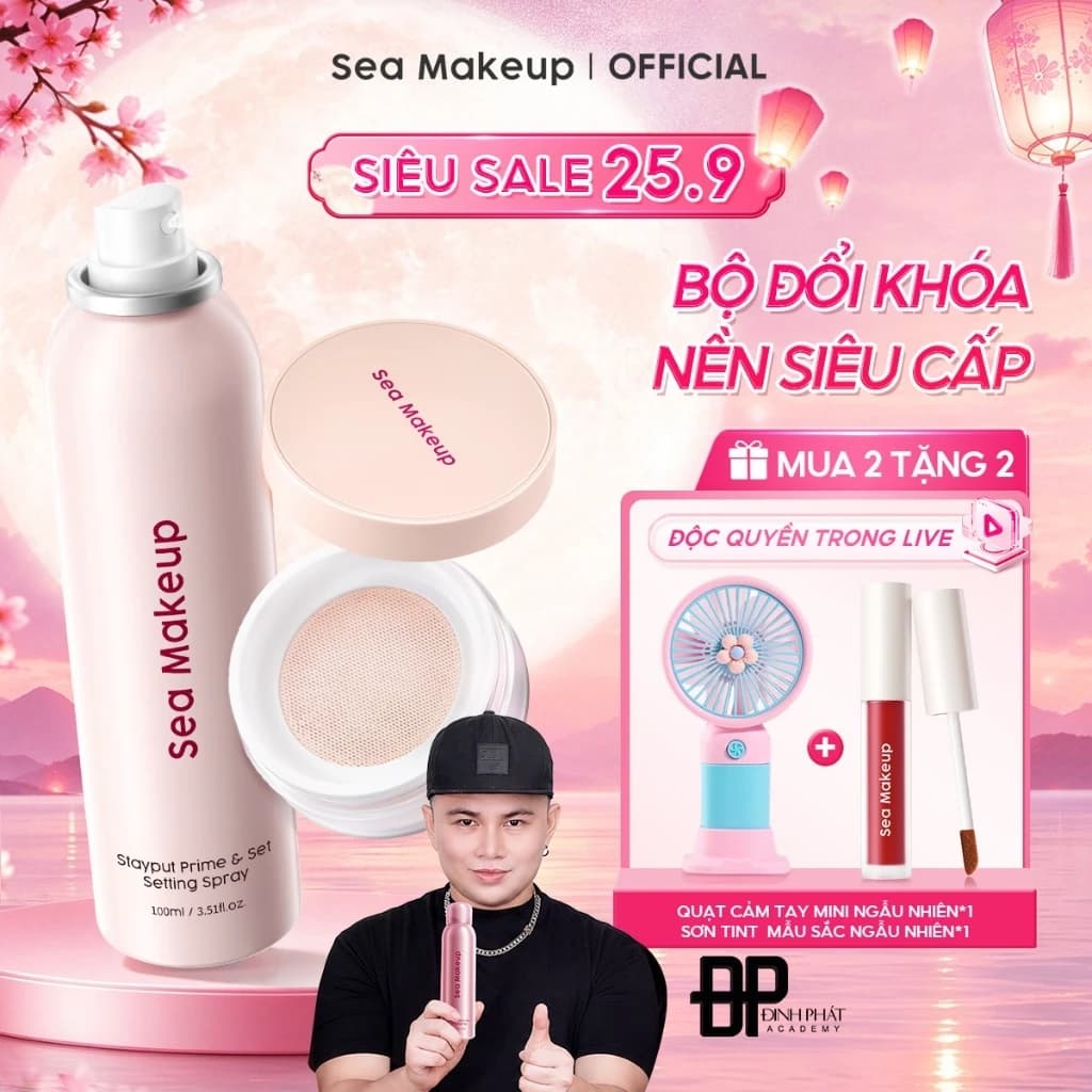 [LIVE] Combo 2 xịt khoá makeup và phấn phủ Sea Makeup Setting Spray Hỗ trợ kiềm dầu mờ lỗ chân lông dưỡng ẩm lâu trôi