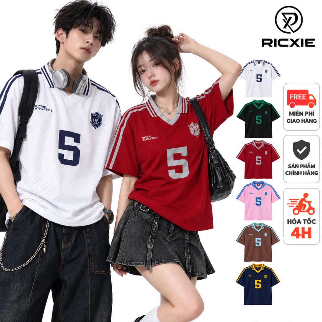 RICXIE Áo Thun Lưới Nam Nữ Số 5 Oversize Phối Bóng Chiếu Cao Cấp Tốp Áo Thể Thao Basic Hottrend Casual