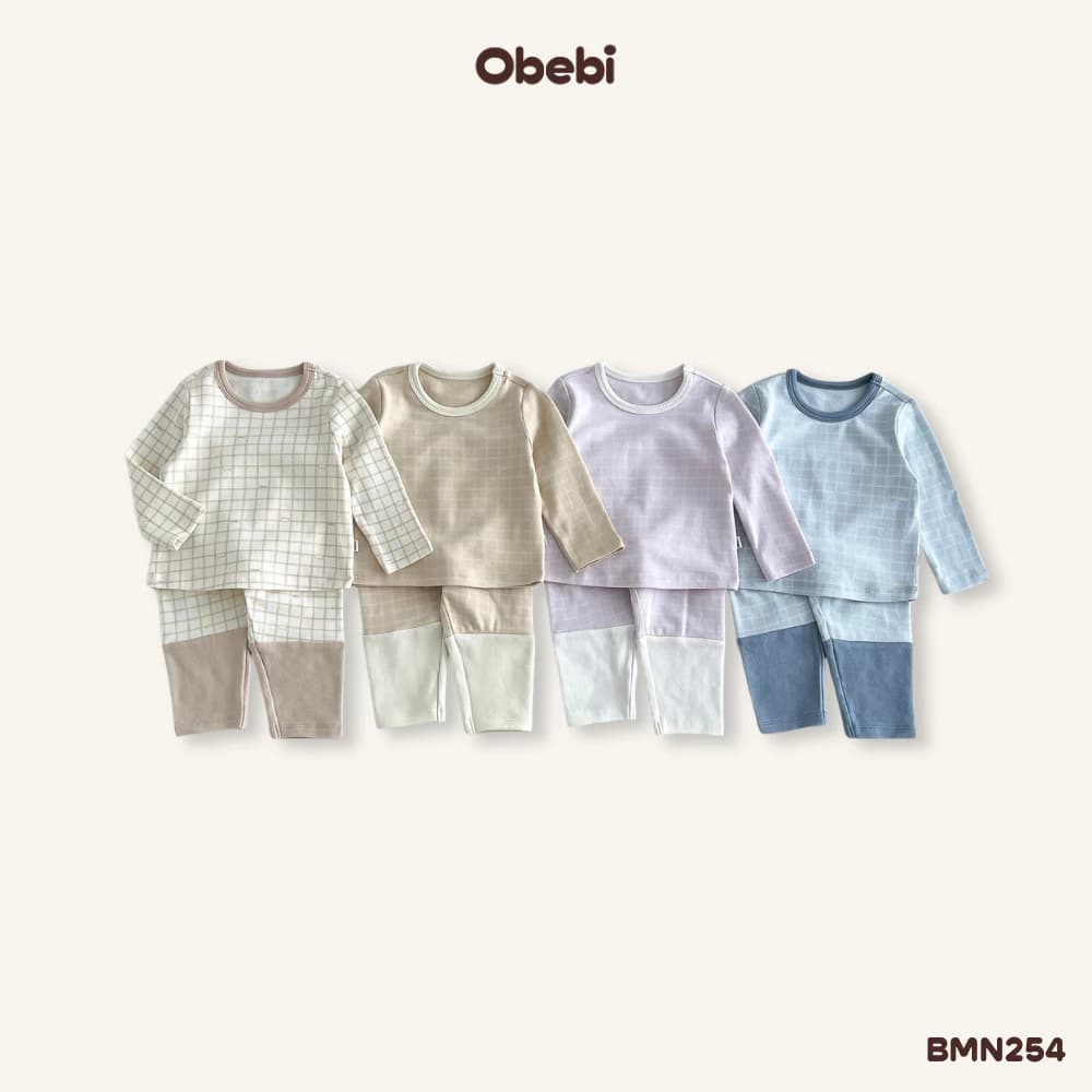 Bộ Mặc Nhà Thu Đông Phối Màu Gấu Họa Tiết In Kẻ Đáng Yêu Cho Bé Trai Bé Gái Từ 6 - 23kg Obebi BMN254