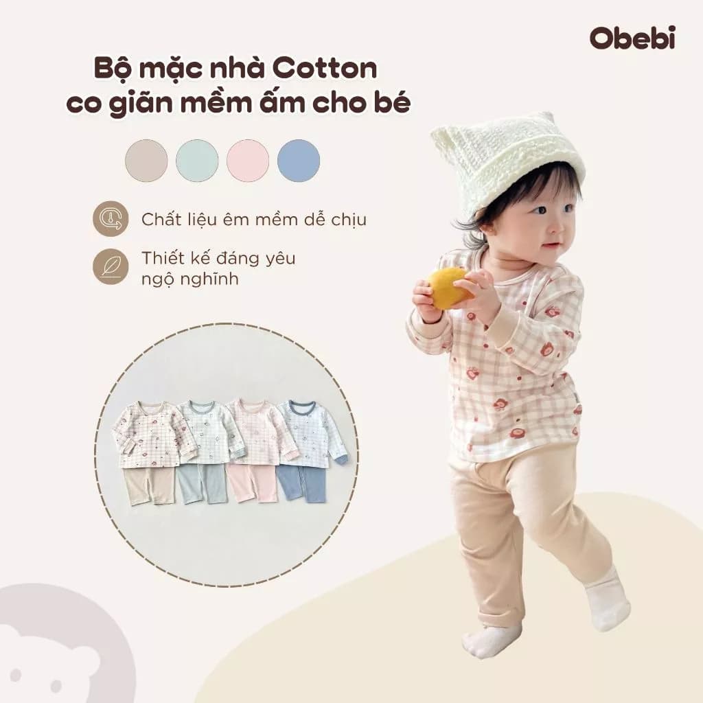 Bộ Mặc Nhà Dài Tay Thu Đông Phối Màu Họa Tiết Kẻ Cho Bé Trai Bé Gái 8-22kg Obebi BMN244