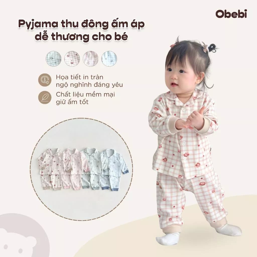 Bộ Pijama Thu Đông Obebi In Họa Tiết Đáng Yêu Cho Bé Trai Bé Gái Từ 8 - 22kg BMN250