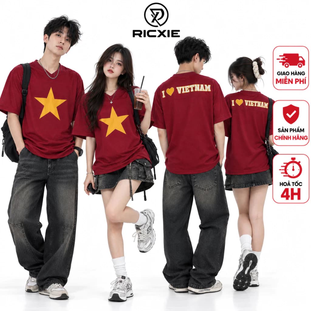 Áo Thun Lưới Thêu Cờ Đỏ Sao Vàng Việt Nam RICXIE, Áo cờ Tổ quốc, chất lưới thoáng mát có đủ size cho cả gia đình